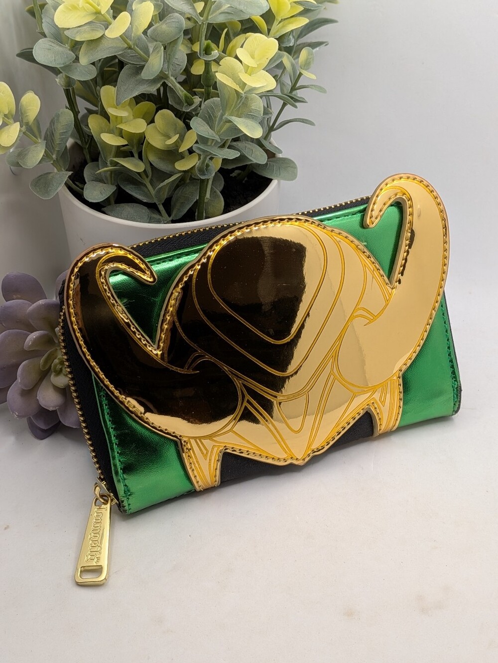 Loungefly Marvel Loki Helmet Metallic Green & Gold Zip Wallet
